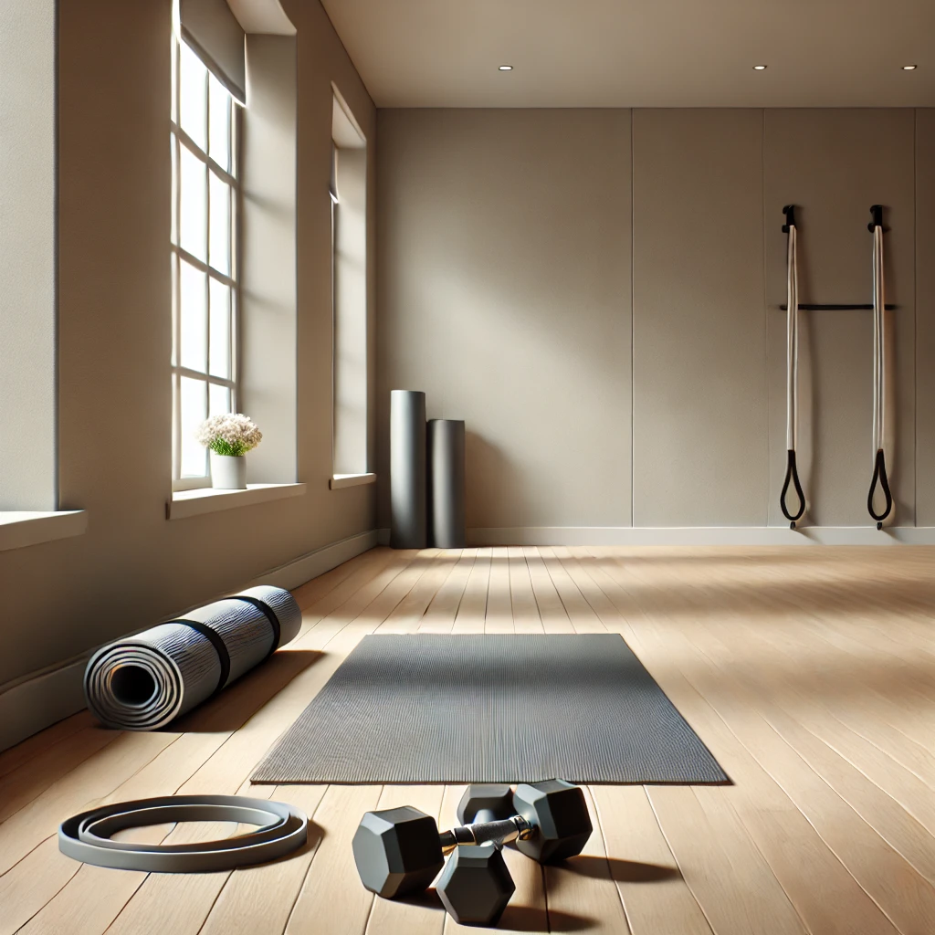 Salle de fitness hybride intérieure pour musculation et cardio Espace d'entraînement hybride à domicile avec tapis de yoga, haltères et bandes de résistance dans une pièce lumineuse