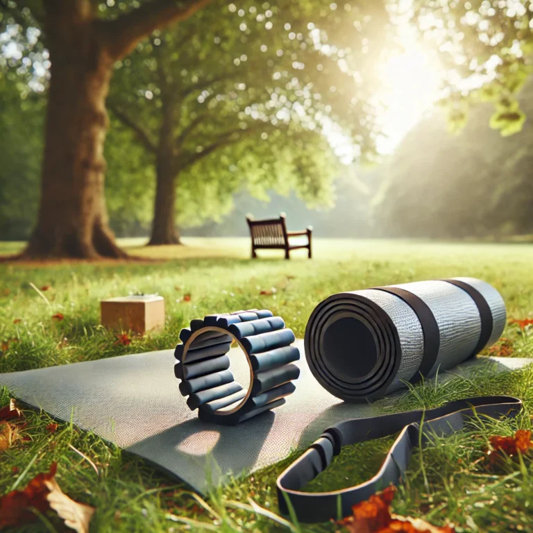 Espace extérieur calme avec tapis de yoga, élastiques de résistance et lumière naturelle pour activité physique douce